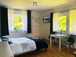 a bedroom with a bed and a desk and two windows at Apartamenty Nad Rzeką in Polanica-Zdrój