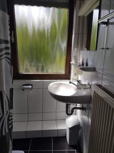 uma casa de banho com um lavatório e uma janela em Traube Hotel Oeffingen em Fellbach