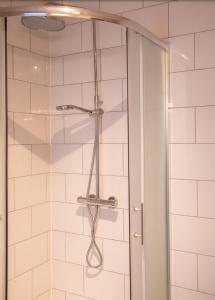 a shower with a glass door in a bathroom at TAURO TROBA “The Ox Shelter” in Stragutė