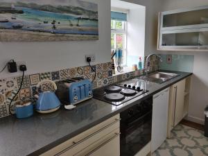 a kitchen with a stove top oven next to a sink at Tregenver Lodge in Falmouth