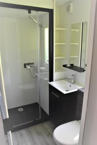La salle de bains est pourvue d'une douche, d'un lavabo et de toilettes. dans l'établissement Lodges du Sancy, à Murol