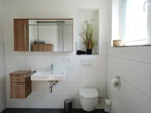 a bathroom with a sink and a toilet and a mirror at Ferienwohnung Seenland in Großräschen