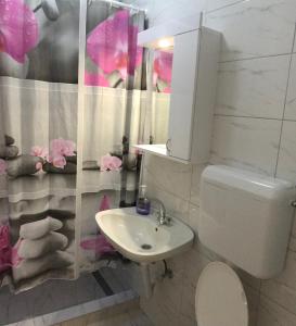 a bathroom with a white toilet and a sink at Apartmani Košuta in Tjentište