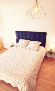 een slaapkamer met een groot bed met een blauw hoofdeinde bij maison de campagne in La Celle-Saint-Cyr