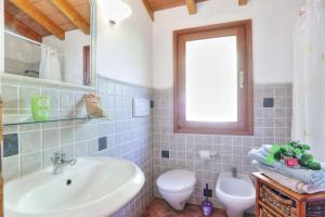een badkamer met een wastafel, een toilet en een spiegel bij C'era una volta in Capoliveri