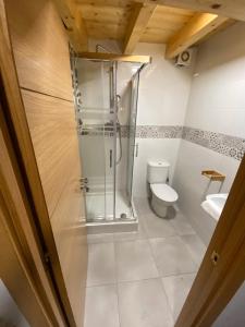 uma casa de banho com um chuveiro e um WC. em The Little Caravia em Caravia