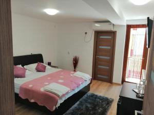 a bedroom with a bed with a pink blanket at CASA GABI'S in Orşova +16 photos