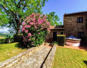 an old stone house with a large bush with pink flowers at Borgo La Casaccia in Montaione