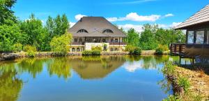 a large house sitting on top of a lake at Vatra Boiereasca in Cacica