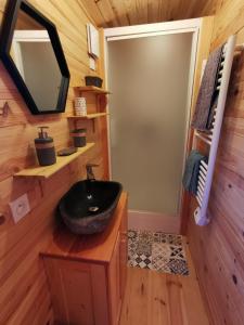 a bathroom with a black sink and a mirror at Roulotte la clé du Luberon in Buoux