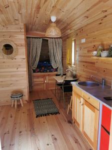 una cocina con fregadero y una mesa en una cabaña de madera en Roulotte la clé du Luberon, en Buoux