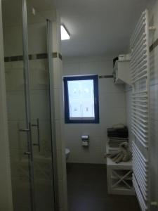 a bathroom with a shower and a window at Gästehaus Daheim in Lohme +57 photos