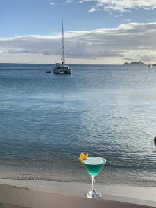 una bebida en la playa con un barco en el agua en Emerald Beach Resort en Lindbergh Bay