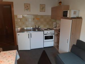 uma pequena cozinha com um fogão e um frigorífico em Haus Bergfrieden em Achenkirch