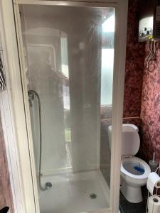 a shower in a bathroom with a toilet at Vintage, Circus Holiday Home in Mablethorpe