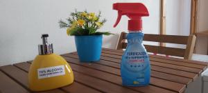 a wooden table with a bottle of detergent and a spray cleaner at Residencia do Parque in Odeceixe