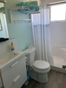 a white bathroom with a toilet and a shower at Deer Run on the Atlantic in Big Pine Key