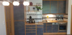 a kitchen with stainless steel appliances and blue cabinets at Grossdorf Ferienwohnung Waldsuite im Harz in Hahnenklee-Bockswiese