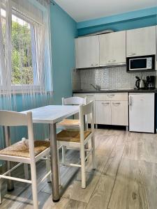 a kitchen with blue walls and a table and chairs at Iris Studios in Umag