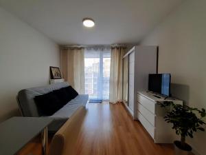 a living room with a couch and a television at Rogowska Apartament in Wrocław