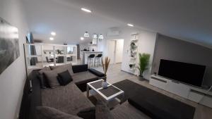 salon z kanapą i telewizorem z płaskim ekranem w obiekcie Guesthouse Villa Brestova w mieście Plomin