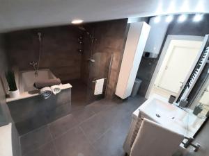 Pokój z widokiem na góry oraz łazienką z prysznicem i umywalką. w obiekcie Guesthouse Villa Brestova w mieście Plomin +36 zdjęć