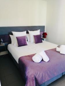 2 łóżka z fioletowymi i białymi poduszkami w pokoju w obiekcie Les Portes de la Méouge anciennement Le Serpolet w mieście Séderon