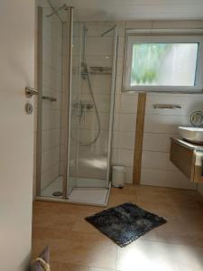 a bathroom with a shower and a sink at Schöne Maid in Boppard