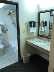 a bathroom with a sink and a toilet and a mirror at AmericInn by Wyndham Cody in Cody