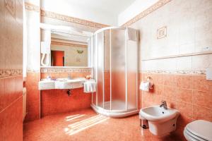 ein Bad mit einer Dusche, einem Waschbecken und einem WC in der Unterkunft Hotel Maderno in Toscolano-Maderno
