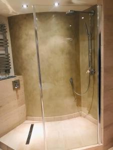 una doccia con una porta in vetro in un bagno di College View a Cheltenham