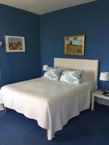 Saint-JulienにあるChâteau de Colombierの青いベッドルーム1室(ベッド1台付)、壁に2枚の絵画が備わります。