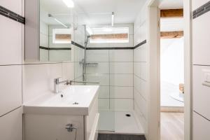 un bagno bianco con lavandino e doccia di Duplex Allegro a La Neuveville