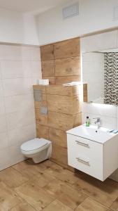 W łazience znajduje się toaleta, umywalka i lustro. w obiekcie Pokoje gościnne vis a vis Retro w mieście Gostynin
