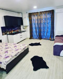ein Schlafzimmer mit einem Bett und einer Kommode in der Unterkunft Ementi Residence in Mamaia Nord – Năvodari