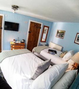 2 camas en un dormitorio con paredes azules en Bridge House Bed & Breakfast en Boscastle