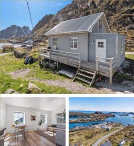 a collage of three pictures of a house at Ragnahuset - Koselig minihus i fiskevær in Skaftneset