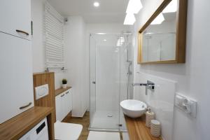 a bathroom with a shower and a sink at Apartament na Wspólnej ( centrum, garaż ) in Kielce +19 photos