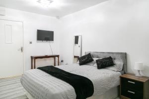 Cheetham Hills Apartments في مانشستر: غرفة نوم مع سرير وتلفزيون على الحائط