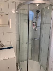 La salle de bains est pourvue d'une douche avec une porte en verre. dans l'établissement Nice and quiet apartment Kristiansand, à Kristiansand