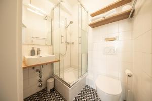 a bathroom with a shower and a toilet and a sink at Hotel Am Markt in Munich