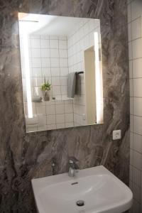 La salle de bains est pourvue d'un lavabo et d'un miroir. dans l'établissement Landgasthof-Hotel Zur Linde, à Großenlüder