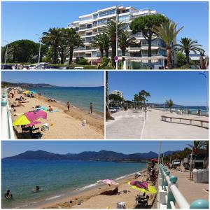 eine Collage mit Fotos eines Strandes mit einem Gebäude in der Unterkunft Garden and beach sea view apartment Cannes in Cannes
