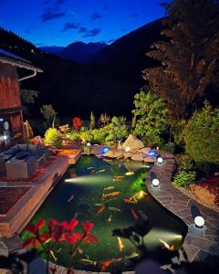 a koi pond in a garden at night at Ferienwohnung Waltensburg in Waltensburg