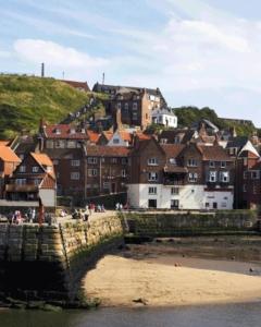 een groep gebouwen op een heuvel naast een strand bij Cottages-Whitby in Whitby