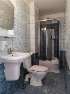 a bathroom with a toilet and a sink and a shower at Hotel Atlantis in Poznań