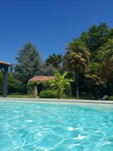 una piscina de agua con una casa en el fondo en Gîte "Côté Terre", avec piscine chauffée, en La Roche-sur-Yon