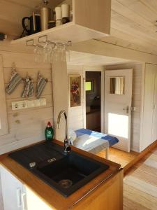 una cocina con fregadero en una casa pequeña en Tiny House Steirerbua, en Birkfeld