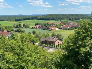 an aerial view of a village with a house and trees at Berggasthof Bayernturm in Zimmerau