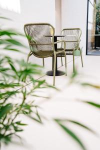 two chairs and a table in a room with plants at Hotel du Bassin in Ostend